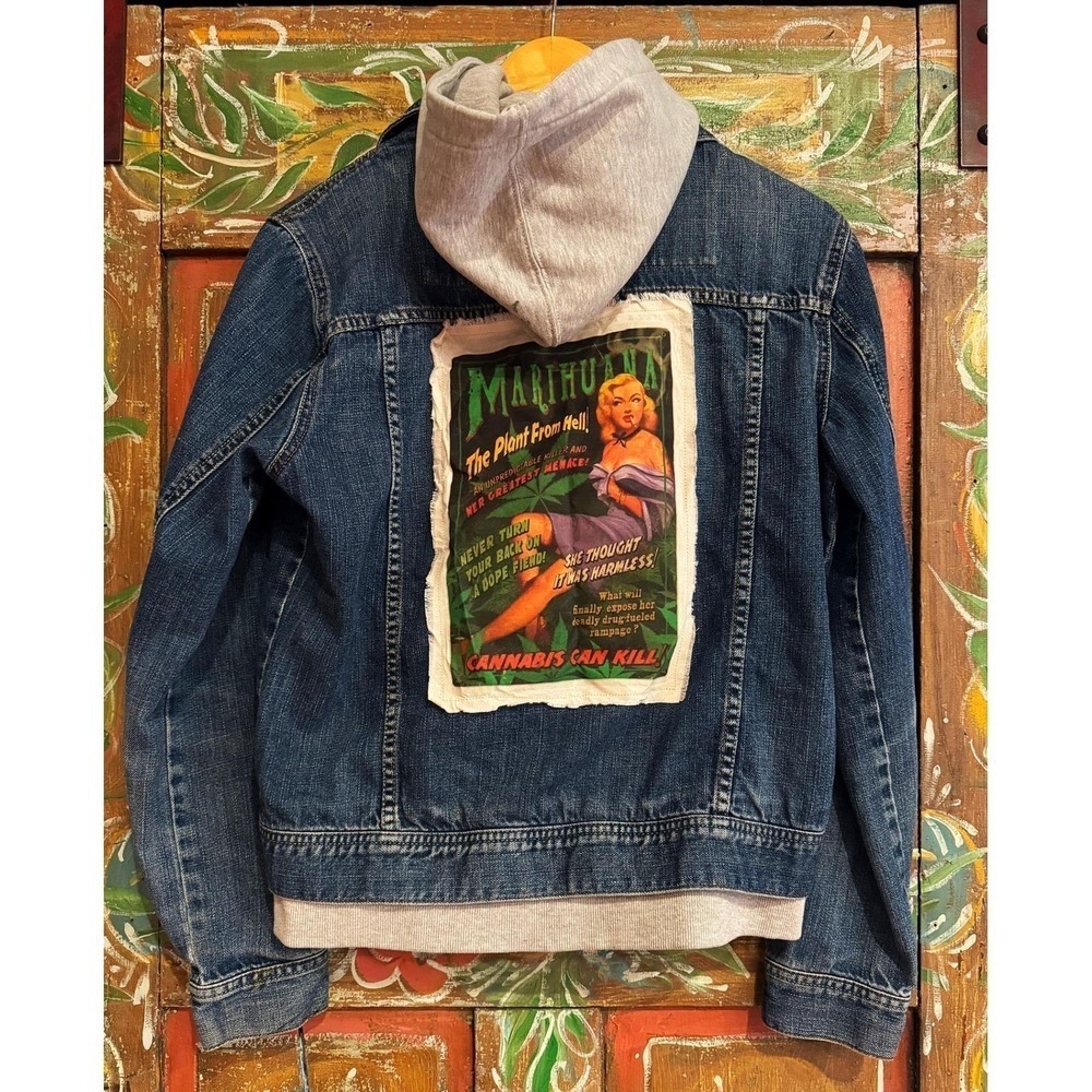 Upcycled Denim Jacket with Hood| Vintage Artwork‎ Applique| One of a Kind|